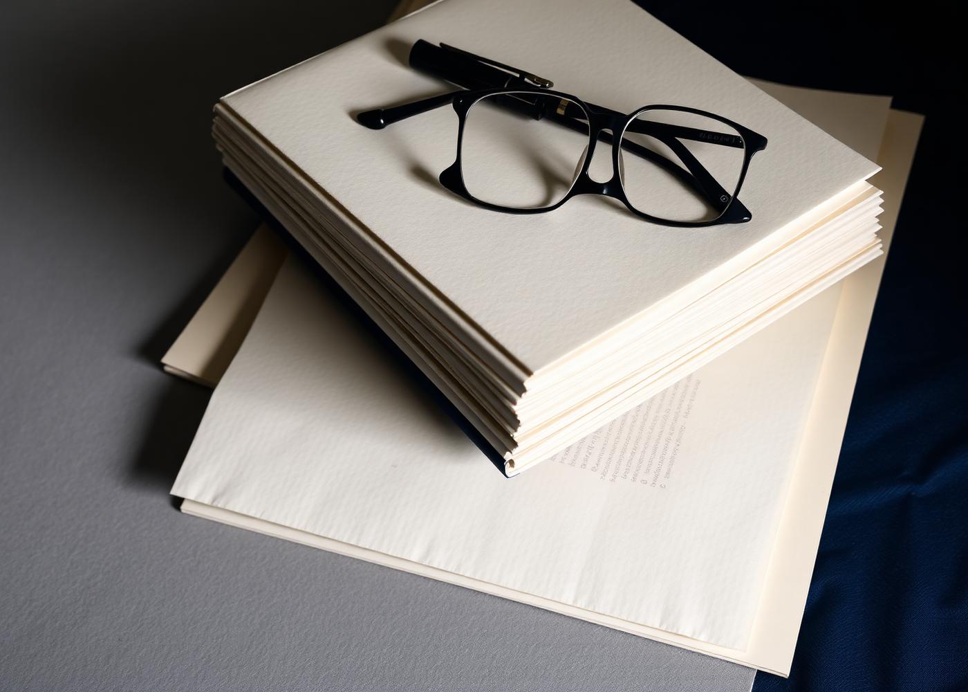Stack of tender documents with reading glasses